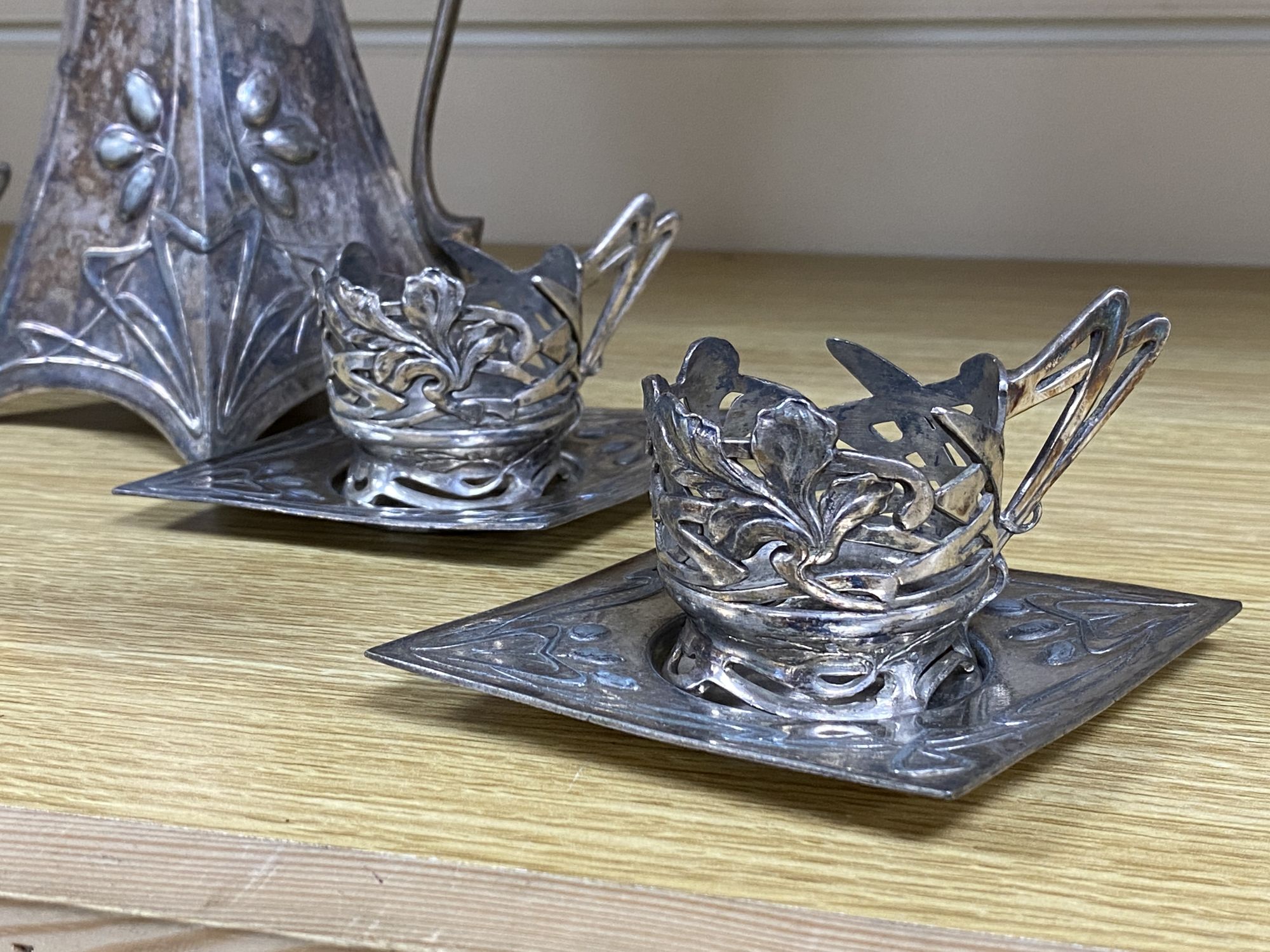 An Art Nouveau pewter coffee set etc.